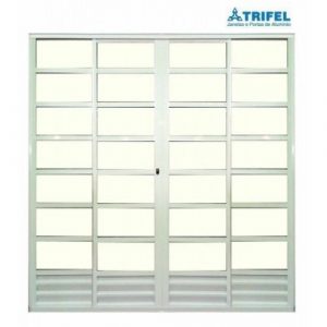 PORTA DE CORRER ALUMÍNIO BRANCO COM TRAVESSA 4 FOLHAS VIDRO LISO COM FECHADURA LINHA 25 TRIFEL