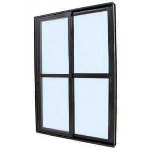 PORTA DE CORRER SACADA 2 FOLHAS UMA FIXA COM FECHADURA VIDRO LISO LINHA PREMIUM ALUMÍNIO PRETO